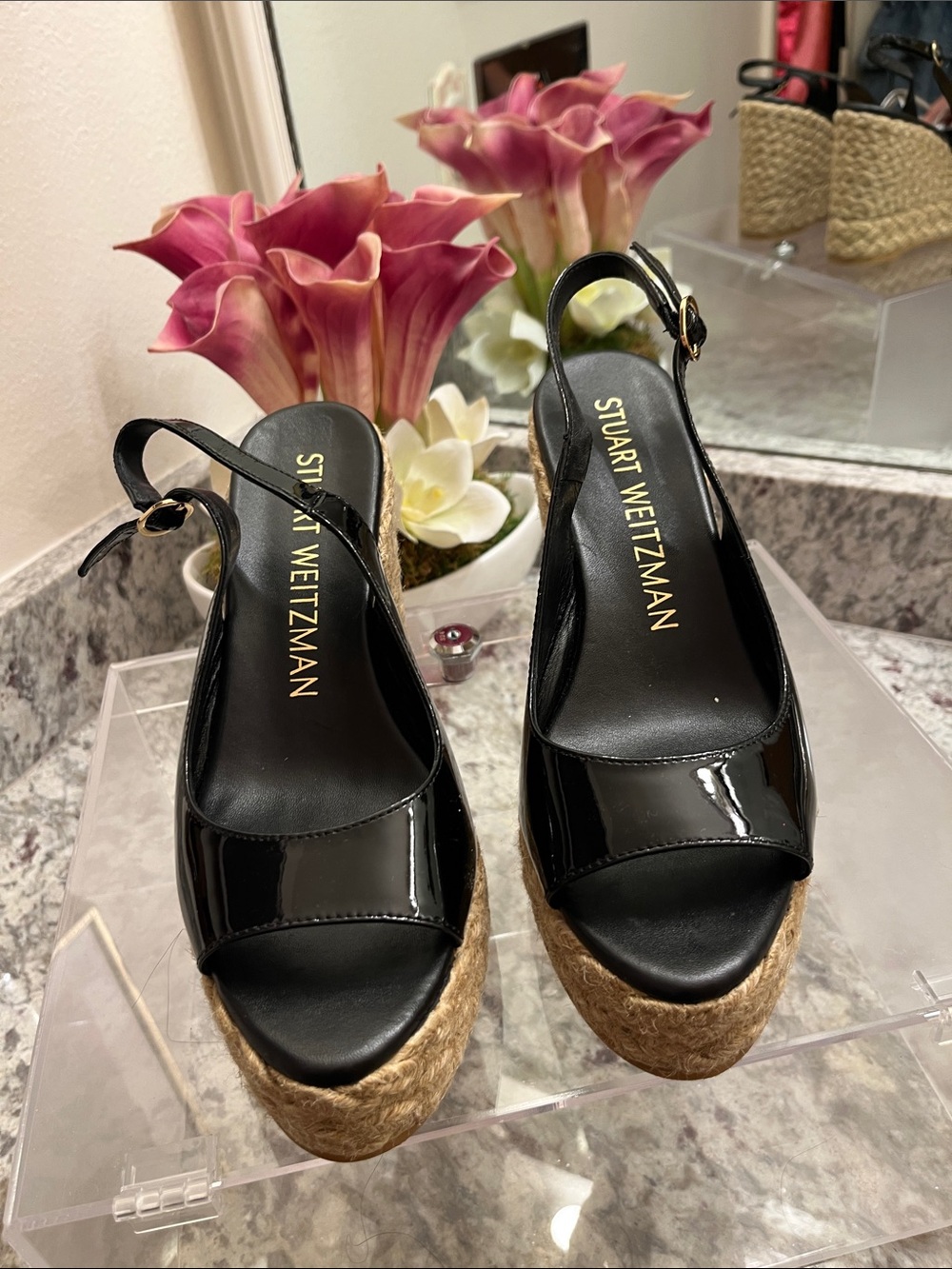 Stuart Weitzman Black Patent Espadrille Platform Wedges